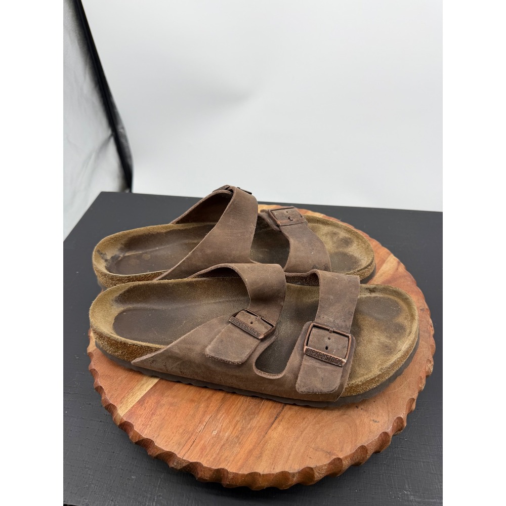 Birkenstock Arizona Sandals Mens 11 44 Brown Oiled Leather Two Strap Slides